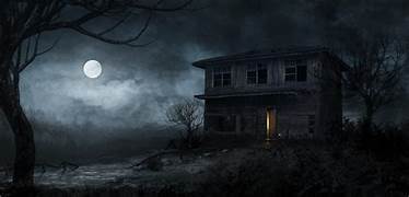 decorative image of a dilapidated moonlit house with a door that is slightly cracked to reveal light inside